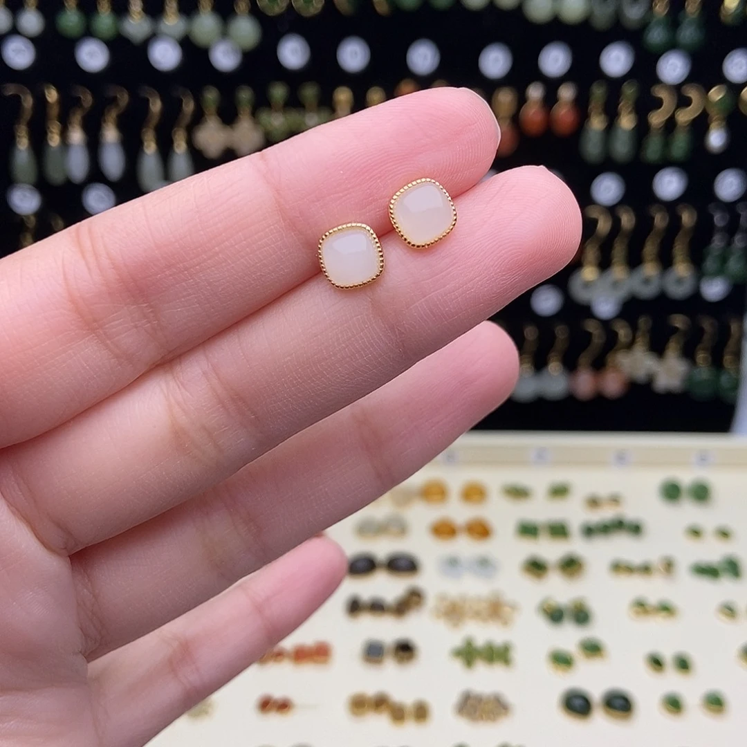 和田玉银S925镶嵌耳饰