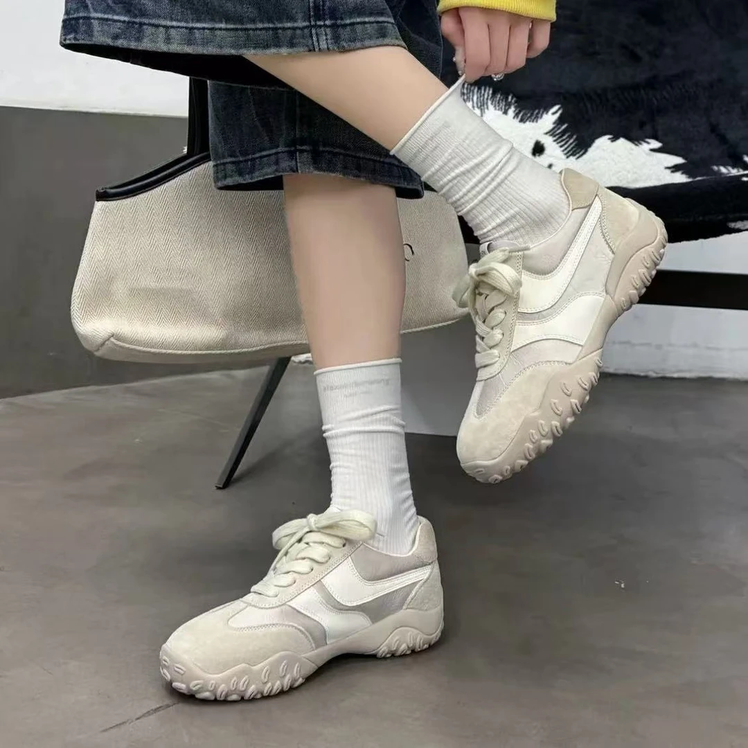 C4868 米灰  时尚低跟圆头系带女休闲运动鞋