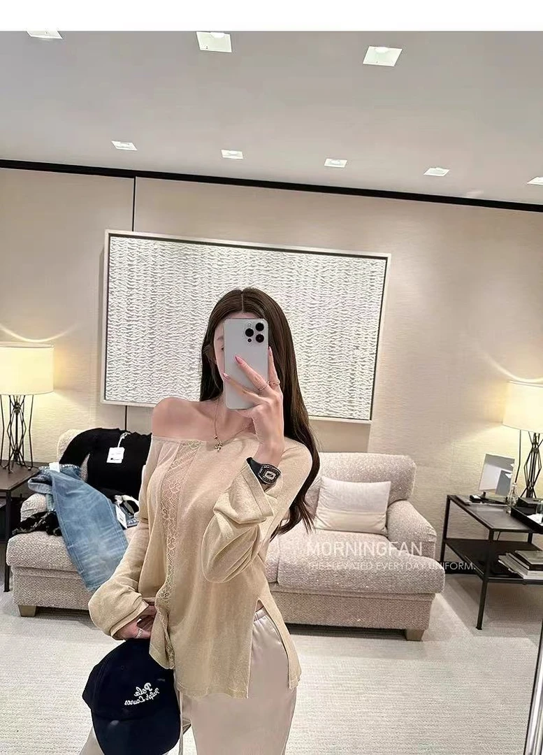 <LUMI studio>韩系纯欲风长袖蕾丝露肩拼接上衣