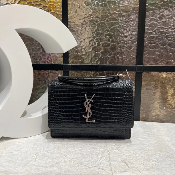 95新 YSL/圣罗兰 YSL黑银压纹日落手拎包 25020025-09