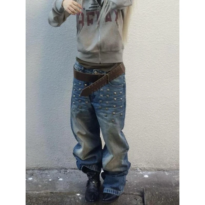 美式复古大码水洗铆钉牛仔裤女街头痞帅街头直筒宽松阔腿休闲长裤
