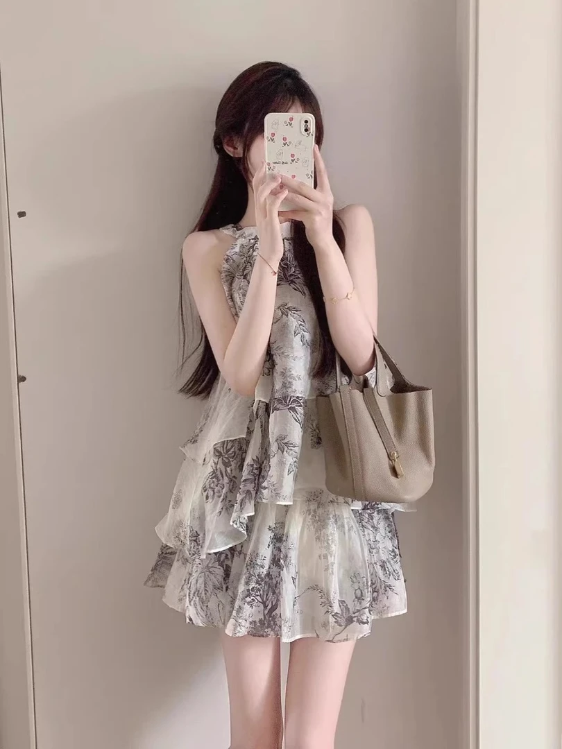 2025夏季高级感漂亮气质新中式女装国风挂脖吊带上衣短裙两件套装