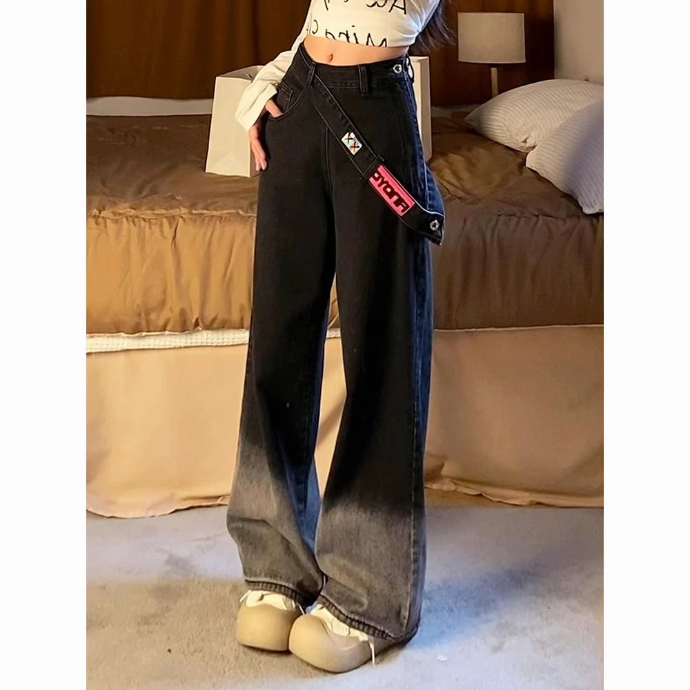 多巴胺高腰辣妹风女阔腿裤牛仔裤显瘦裤子休闲拖地裤