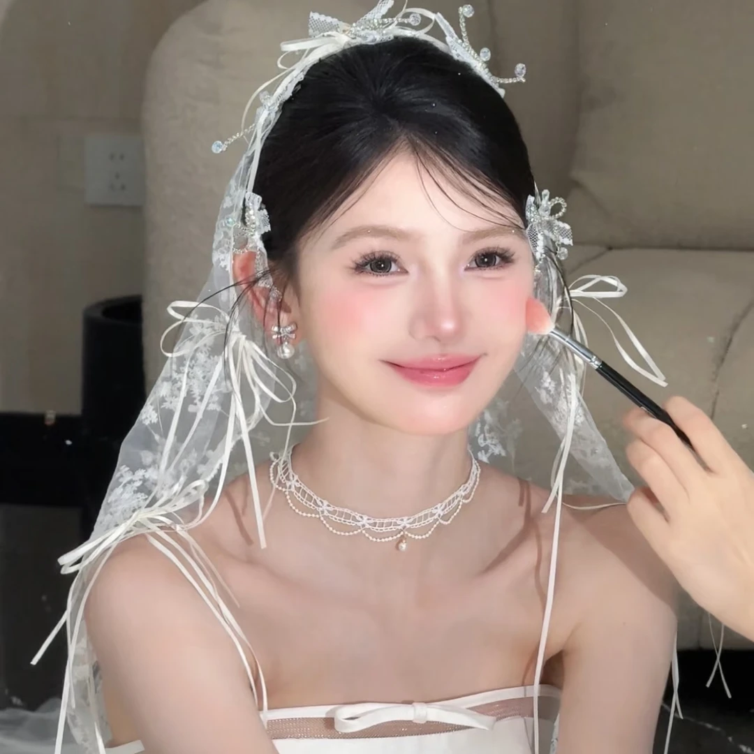 日韩手工蕾丝蝴蝶结单层遮面唯美婚纱配饰新娘跟妆旅拍头纱