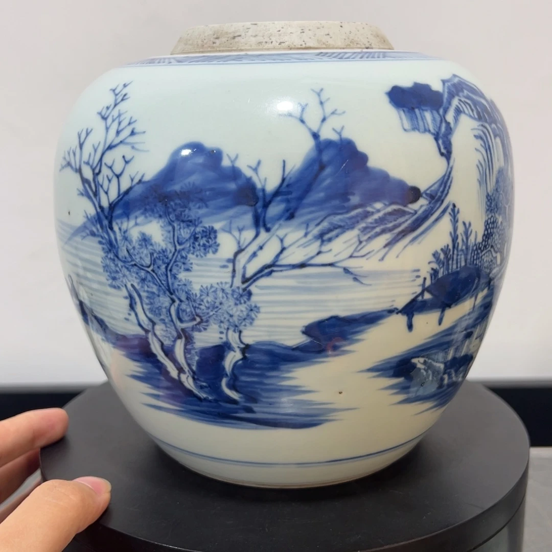 锤***锤青花山水罐全品一个