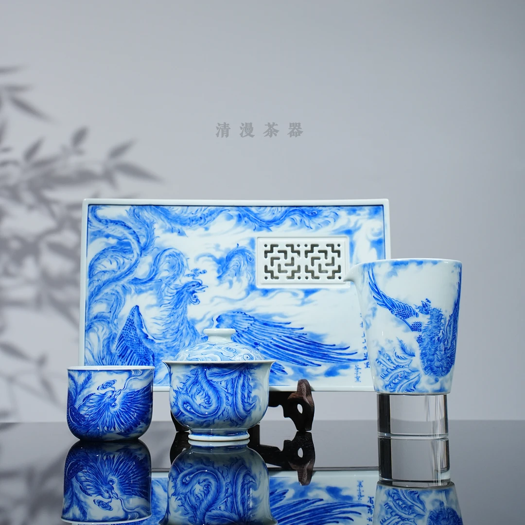 谷子窑丹凤细工茶器 景德镇釉下彩高档手工手绘茶具送礼喝茶茶碗