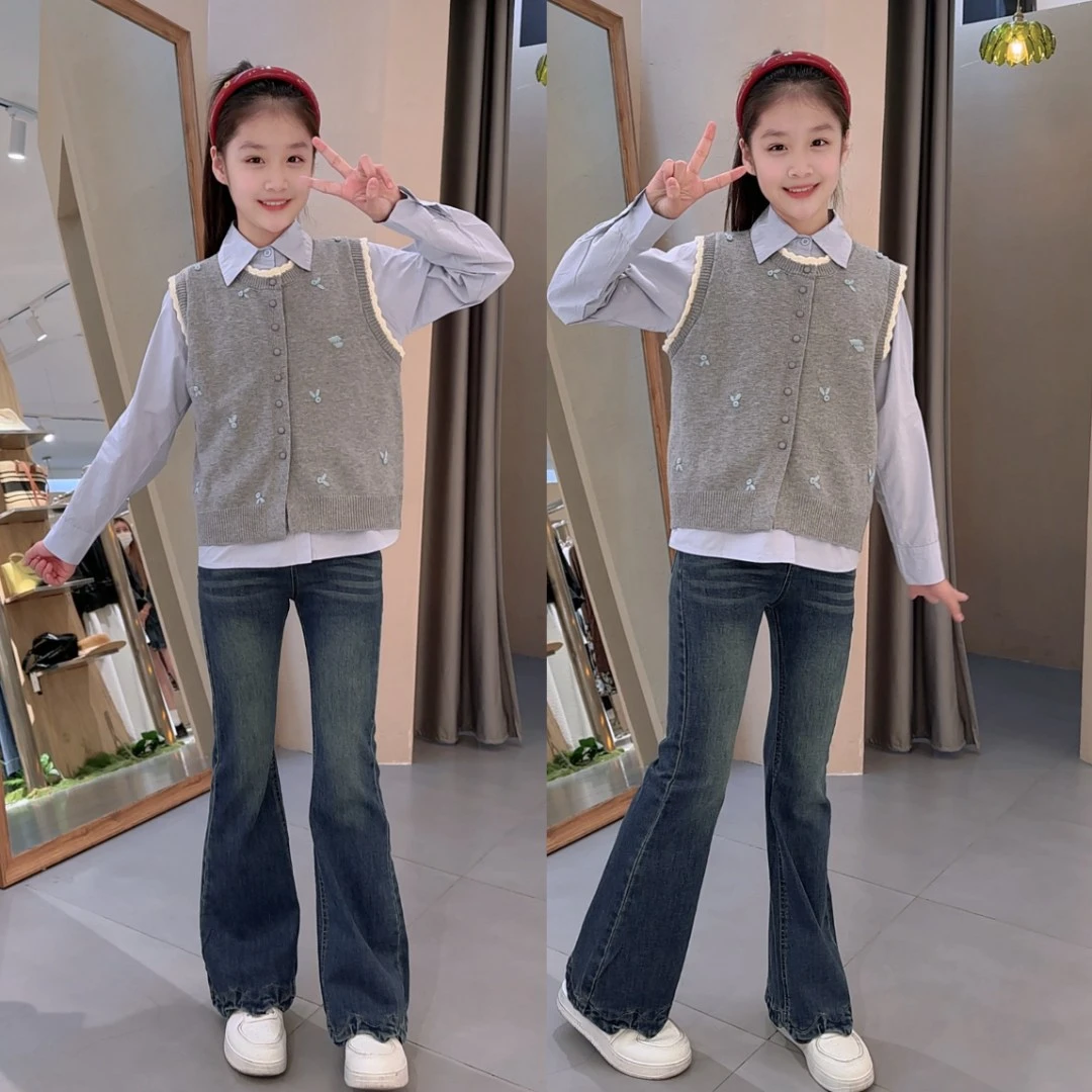 套装韩版春秋刺绣女童中大童儿童女童洋气针织时尚休闲秋季潮酷