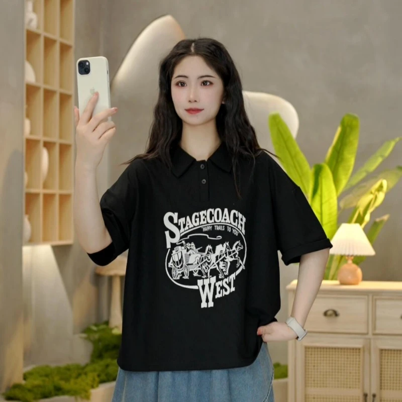 6733 夏季新款欧式风旅行者印花短袖休闲时尚百搭宽松T恤女