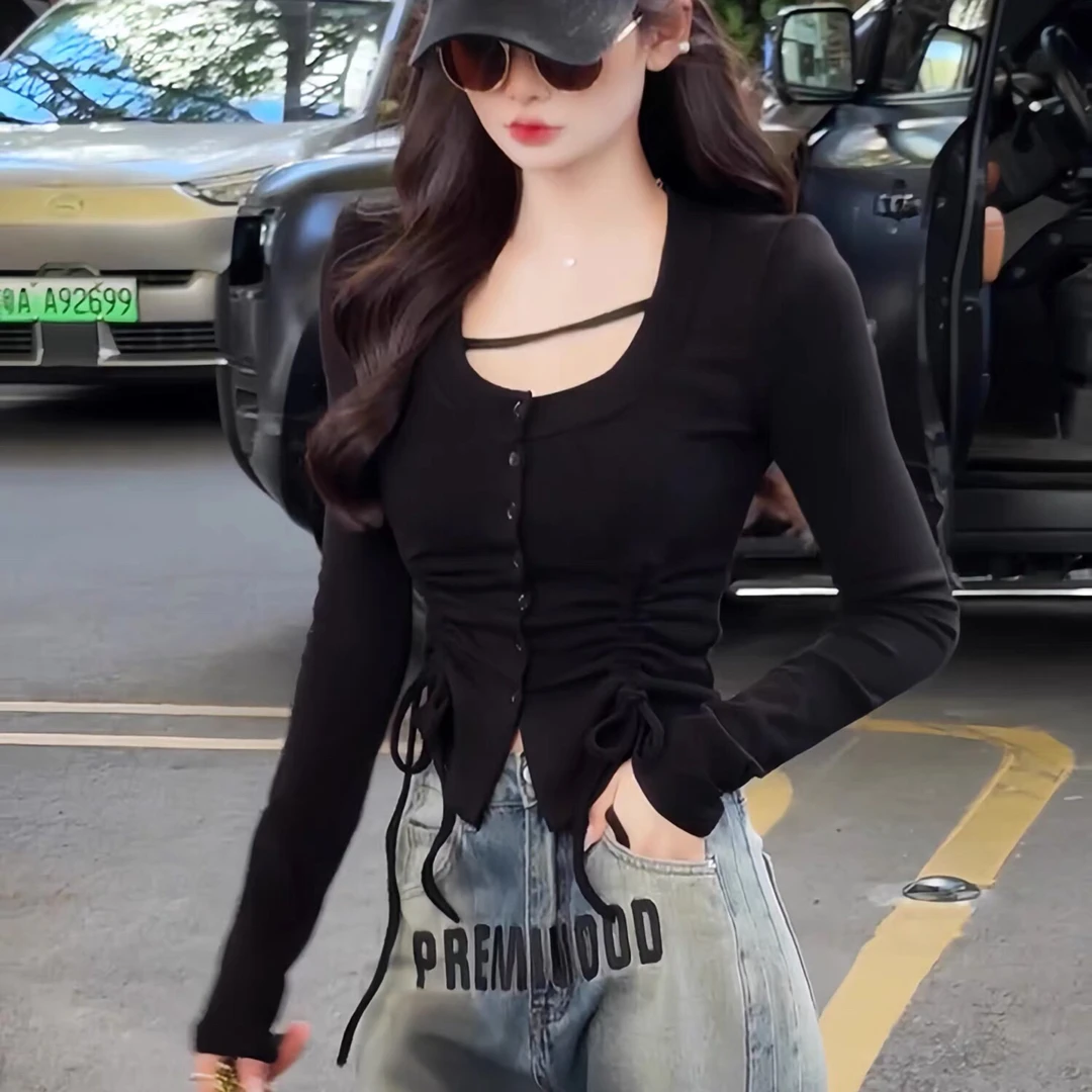 大码女装辣妹风U领前抽褶秋季新款长袖胖mm遮肉显瘦打底衫