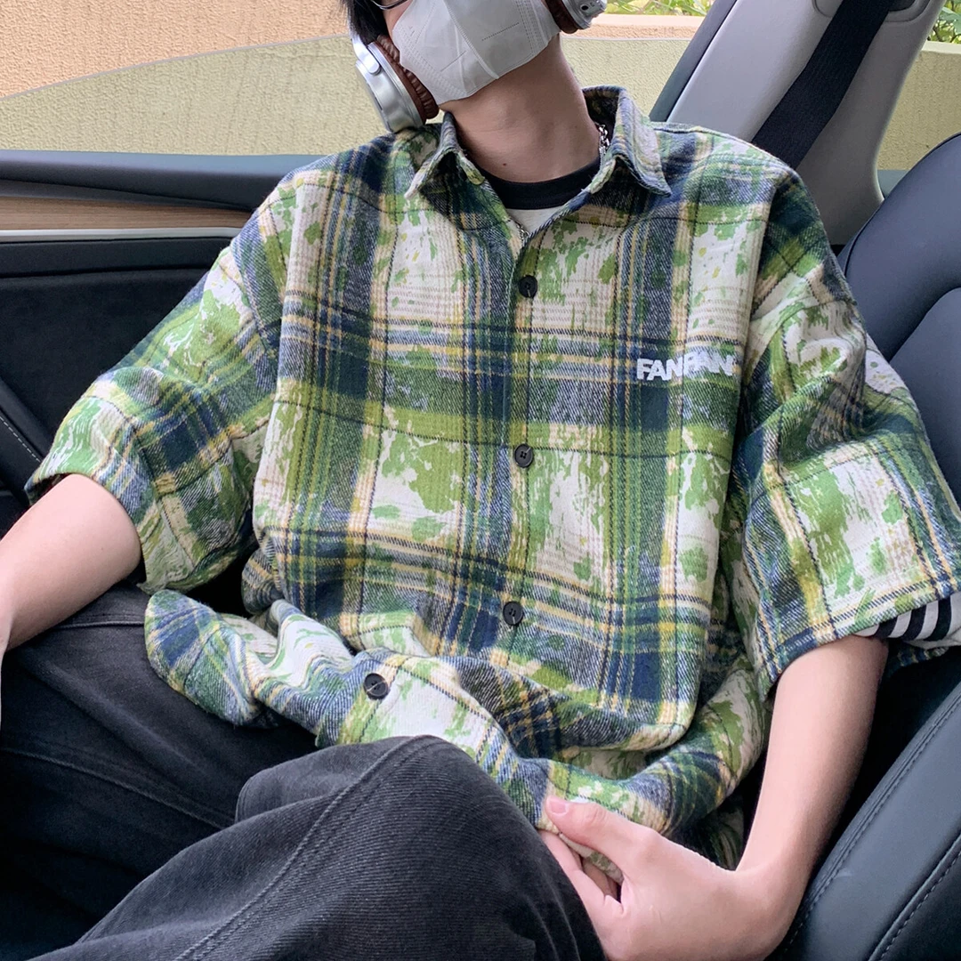 绿色扎染格子短袖衬衫男夏季高级感痞帅衬衣vintage叠穿情侣外套