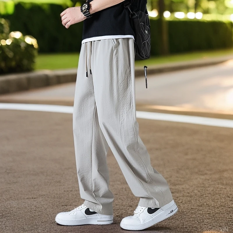 玛斯柏冰丝网眼裤子男士夏季薄款潮流百搭宽松垂感帅气运动直筒裤