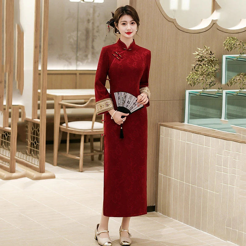 红色长款加厚秋冬冬季长袖复古中式气质中国风旗袍成人女士提花立
