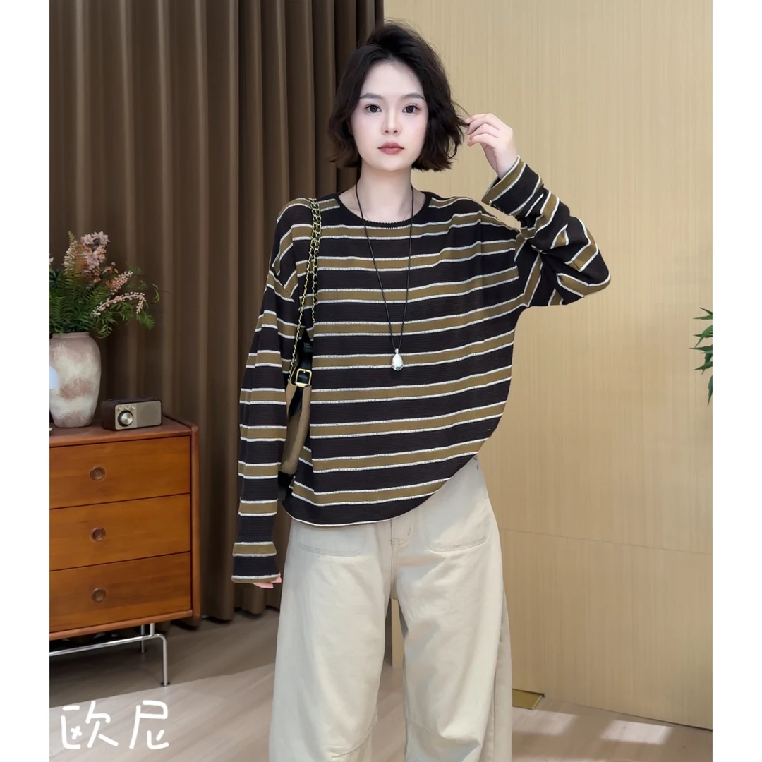 欧尼私服 2025早秋新款韩版设计感圆领条纹长袖针织衫2508C4709