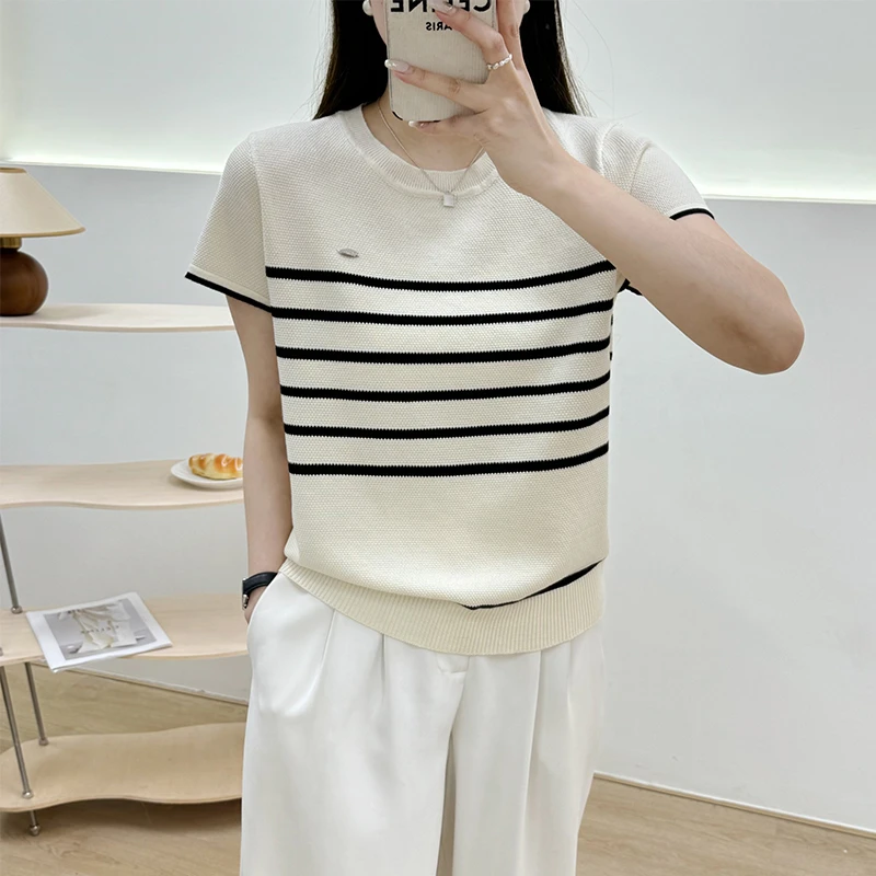 条纹短袖针织衫女薄款夏装新款时尚洋气宽松打底衫休闲圆领上衣