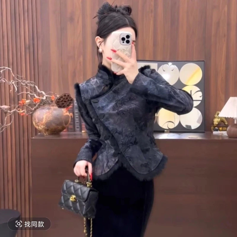 冬季新款斜襟盘扣国潮风半高领拼接加绒扎染打底衫057