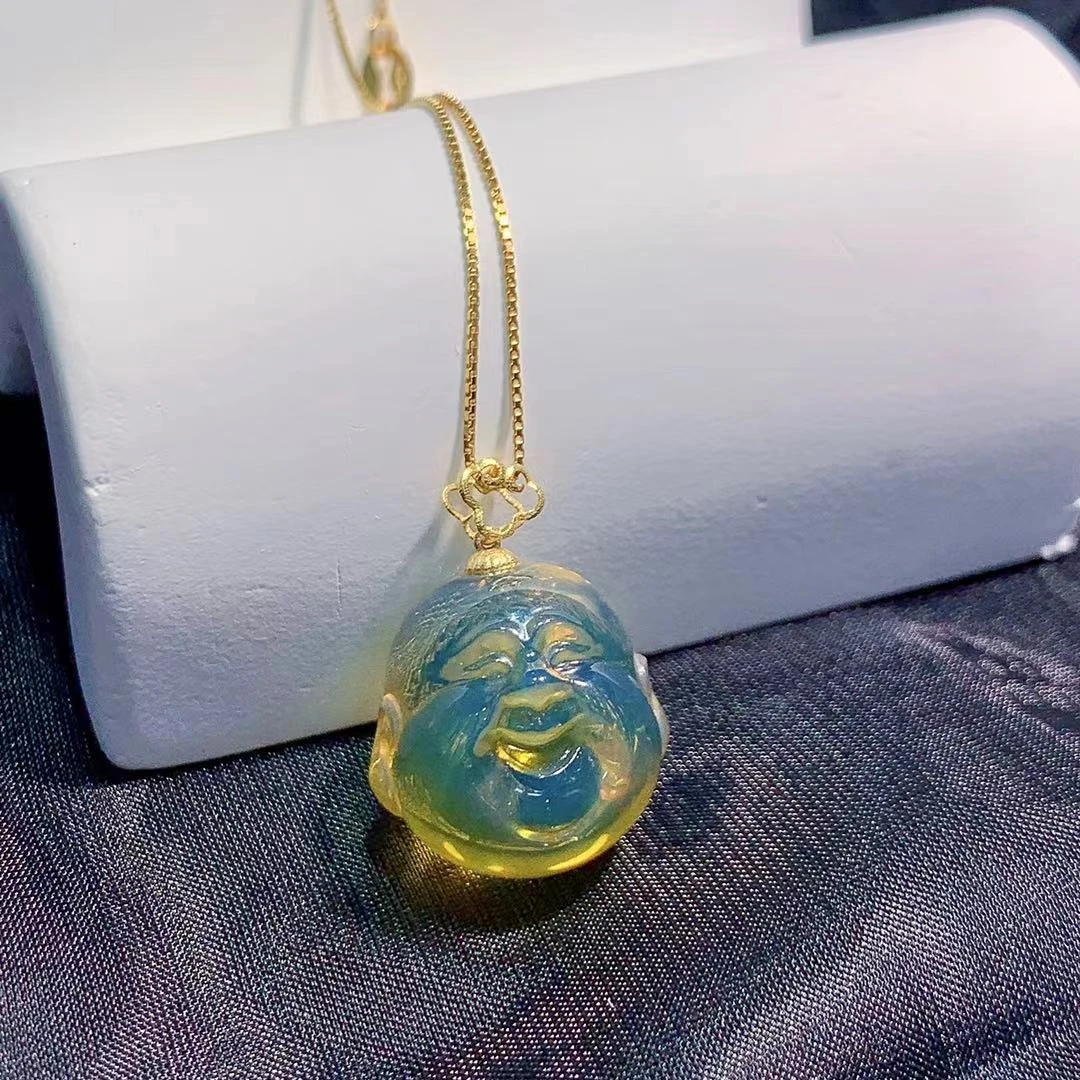 【壹芳珠宝】天然原矿琥珀墨西哥蓝珀18K镶嵌雕刻佛头单珠16mm