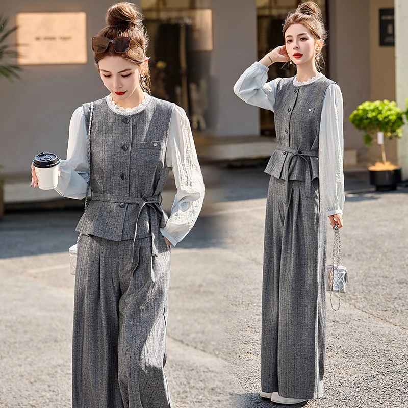 韩系穿搭马甲上衣套装女2025春季新款气质显瘦通勤风阔腿裤三件套