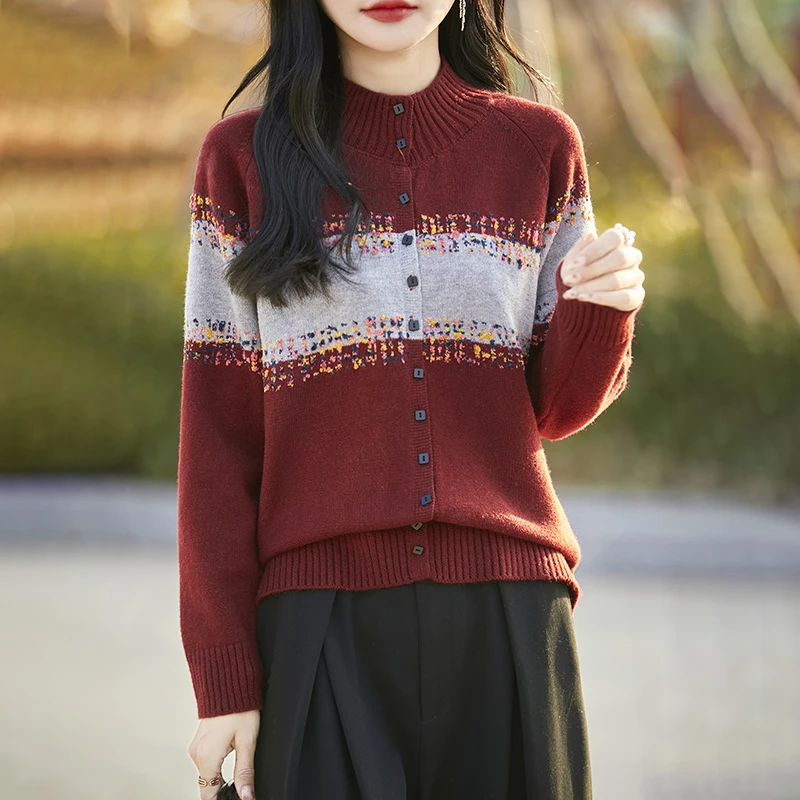 7300撞色提花针织开衫女毛衣外套超好看方形纽扣上衣秋冬叠穿内搭