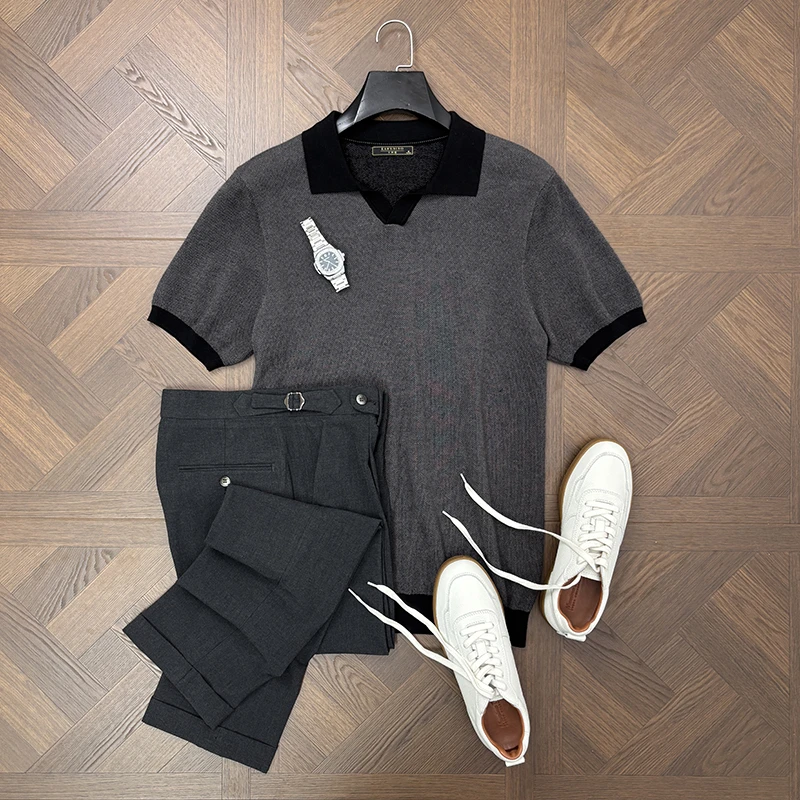 LANSIM· 意式优雅绅士纯棉翻领针织POLO衫男士商务休闲短袖男T恤