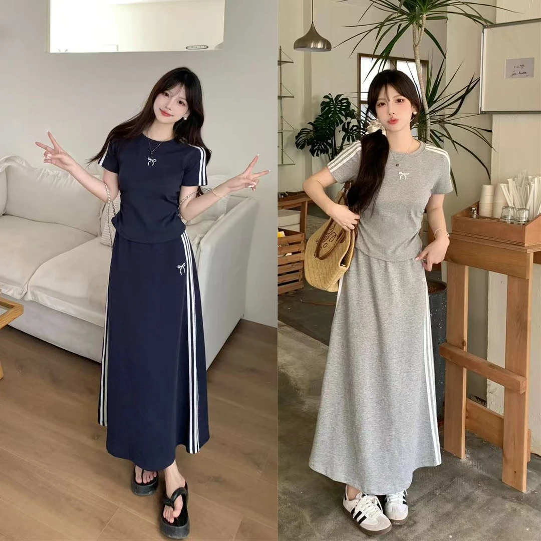 短袖T 长裙 蝴蝶条纹两件套