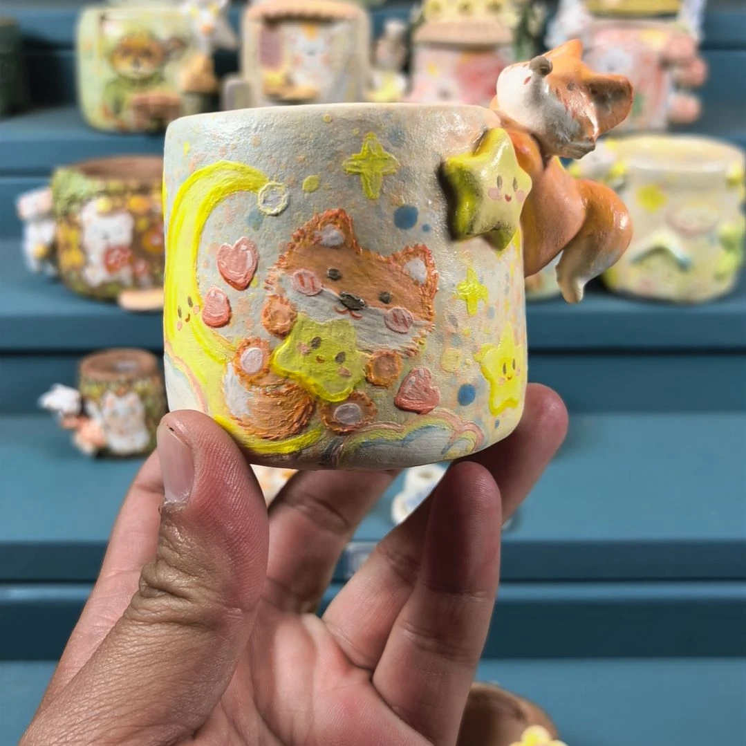 百***甜星星狐狸 手绘多肉花盆