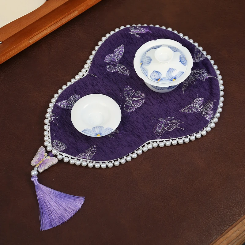 手工紫色葫芦席垫植绒提花茶席高颜值茶道干泡席桌布隔热吸水茶垫
