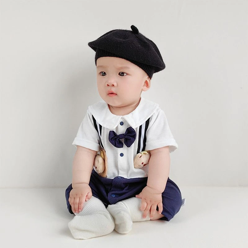 婴儿绅士风格连体衣男宝宝周岁生日礼服背带裤假两件哈衣爬爬服潮