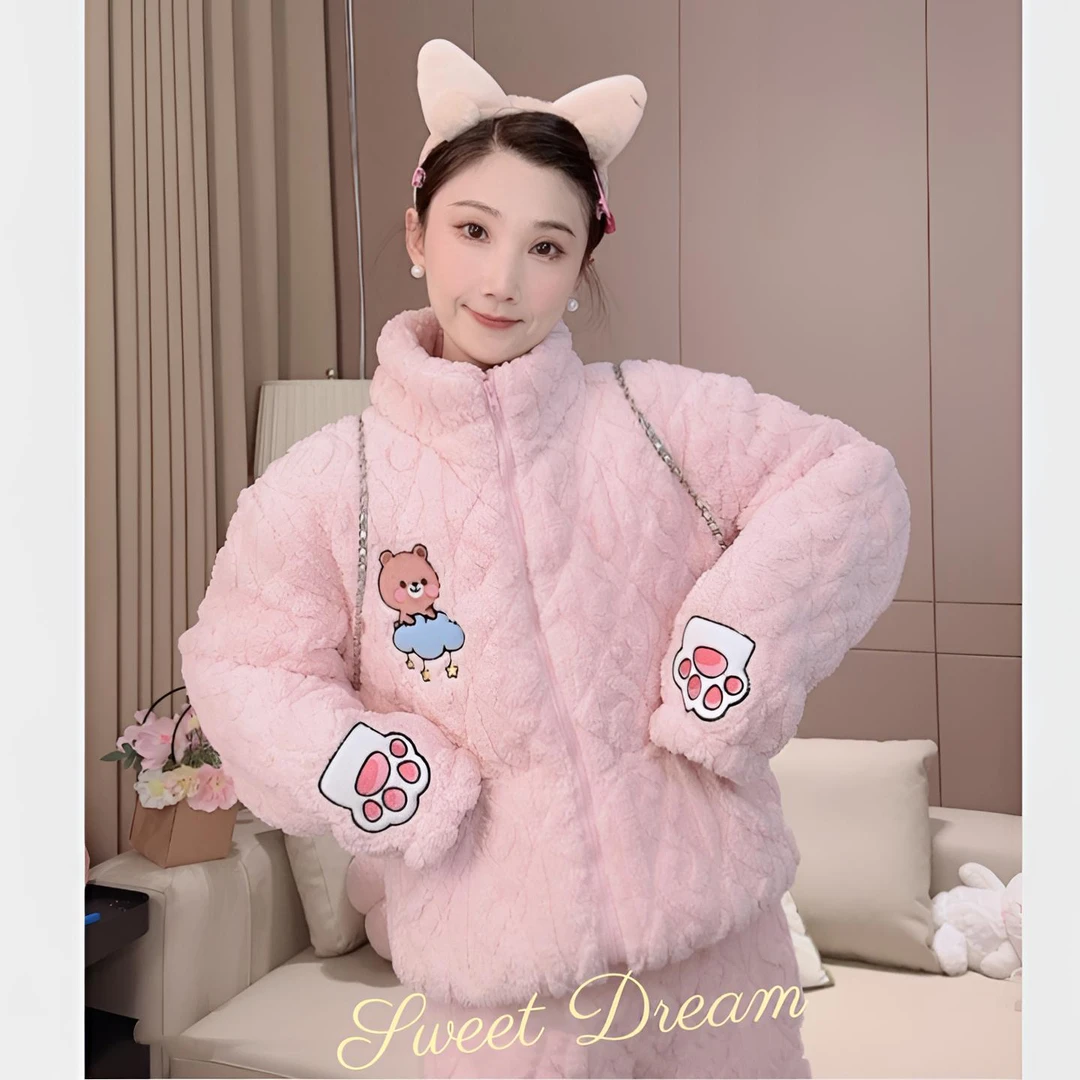 【梦幻城堡】雪肤绒夹棉睡衣女冬季三层夹棉套装卡通睡衣女款休闲