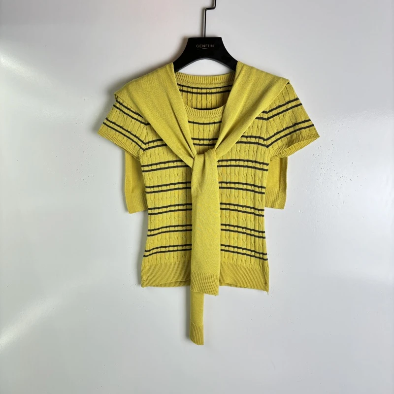 2025夏季条纹假两件短袖女上衣A22088