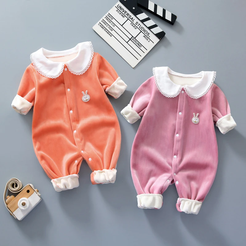 秋冬款超柔女宝宝连体衣小翻领可爱新生儿加绒保暖居家外出