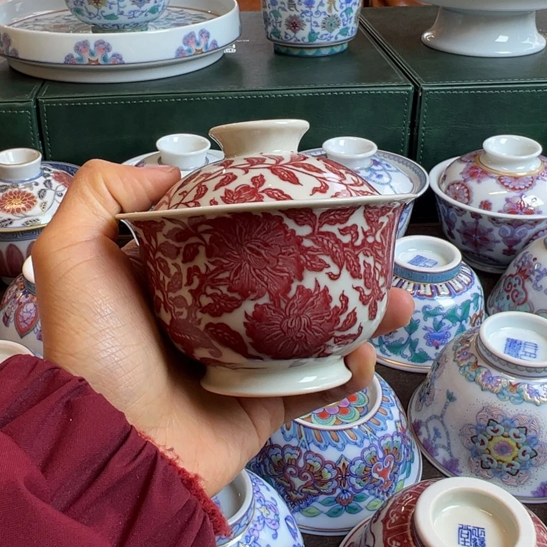 H正绎堂釉里红山茶花盖碗