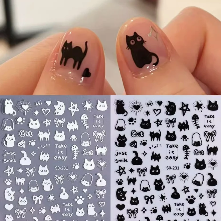 网红爆款美甲贴纸经典黑白卡通猫咪ins可爱小猫咪指甲装饰贴背胶