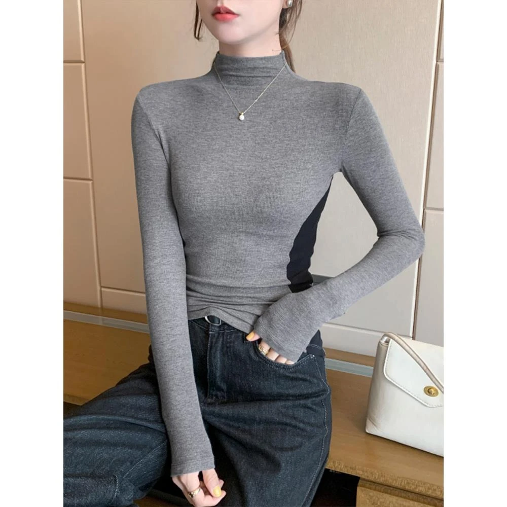 HTKD拼色撞色半高领打底衫女春秋冬内搭2025新款针织修身紧身长袖