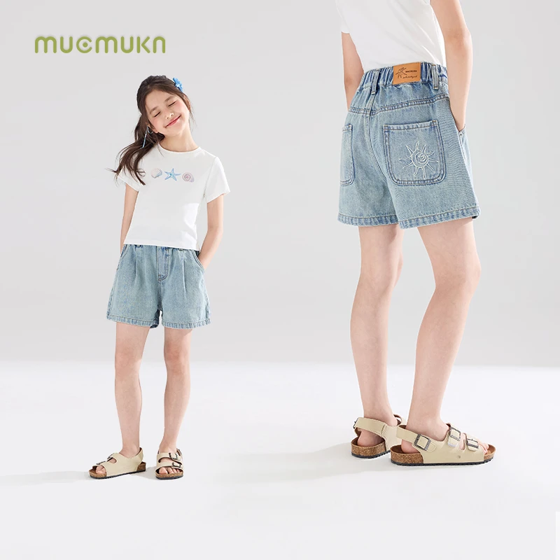 MUCMUKN木可童装海螺绣花皮标牛仔短裤柔软不褪色女童夏M52XK5147
