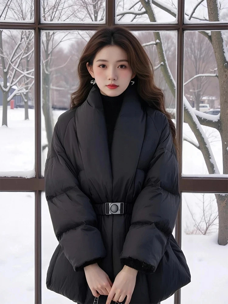 2025冬季新款小众法式黑色v领收腰中长款女装高级感棉衣棉服外套