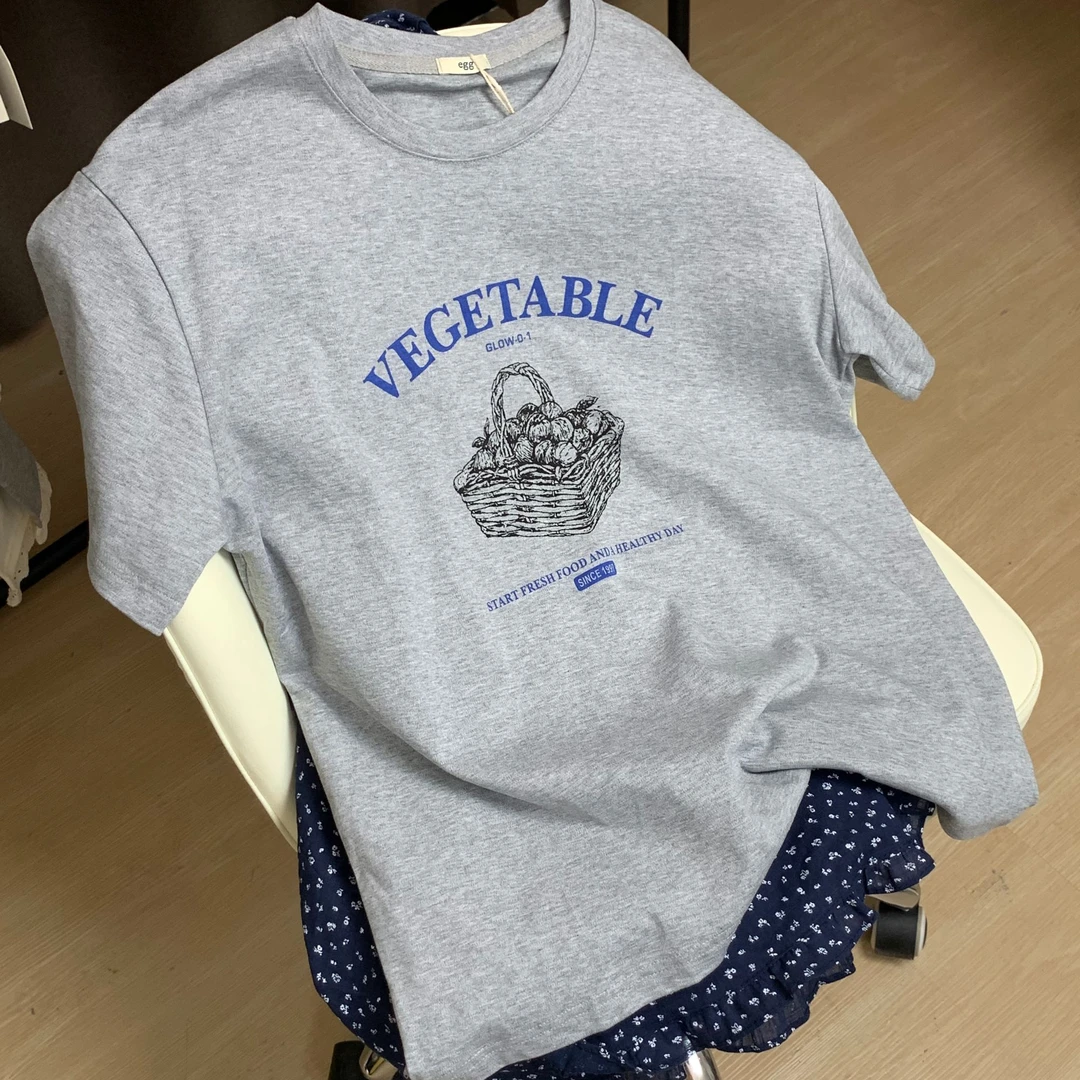 Egg韩系原版菜篮子宽松麻麻T恤圆领印花灰色休闲