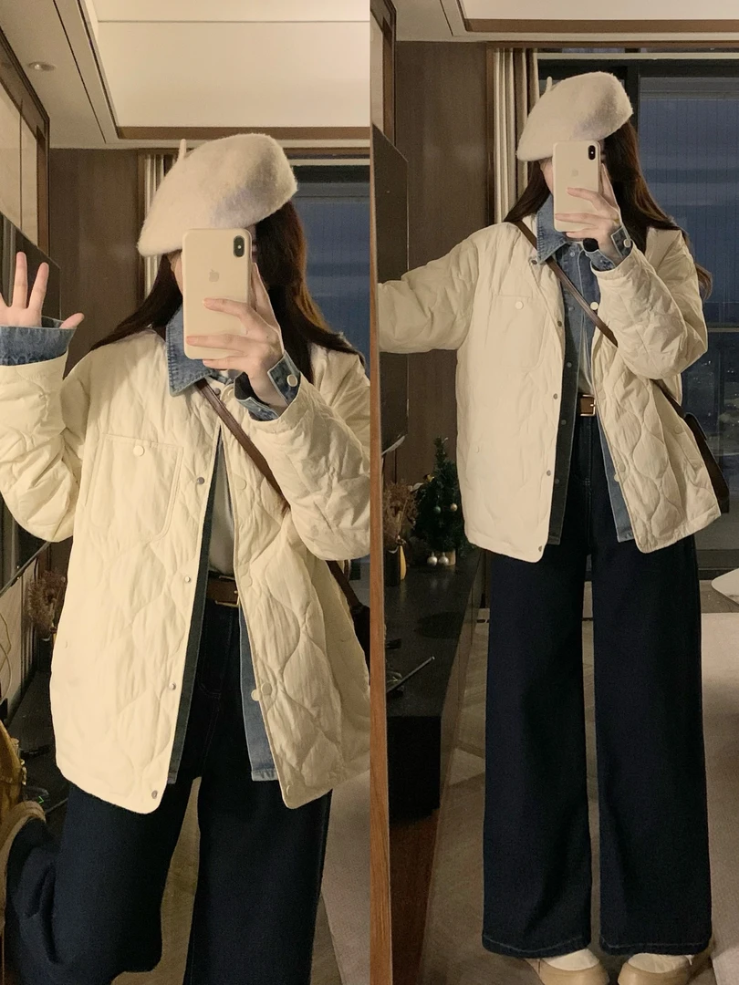 韩版气质微胖大码女假两件牛仔拼接时尚修身轻薄棉服秋冬短款外套