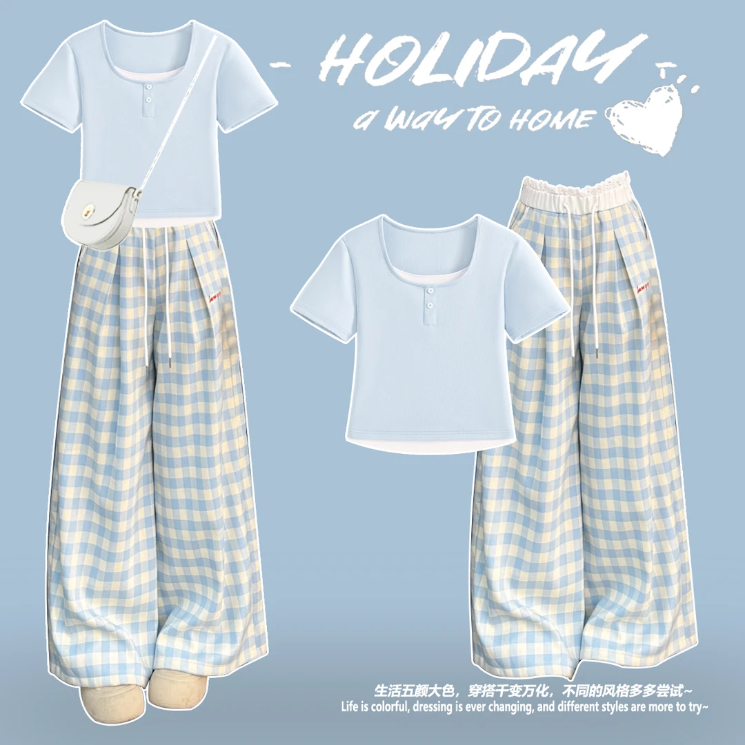 夏季中大童少女套装洋气初中小学生上衣爆款高腰系带阔腿裤两件套