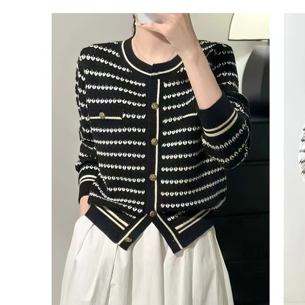 花花/3125-小香名媛范气质条纹秋季宽松针织开衫外套