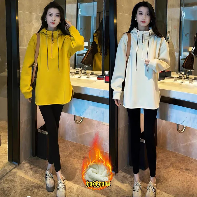 时尚休闲中长款连帽加绒加厚卫衣女秋冬新款宽松慵懒开叉长袖上衣