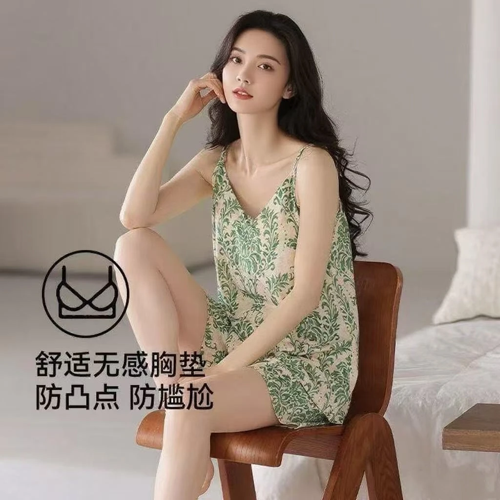 100%纯棉薄款吊带短裤睡衣2025夏季新款全棉带胸垫家居服女士套装