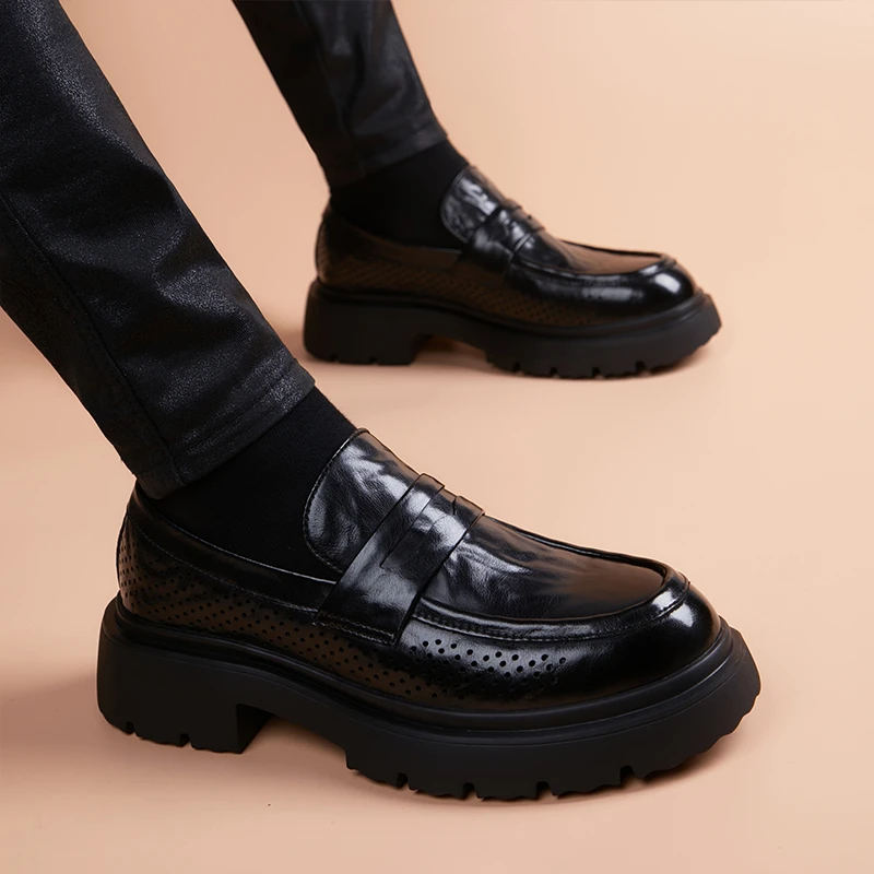 潮流男鞋新款夏季厚底皮鞋增高男士透气英伦商务正装脚蹬休闲