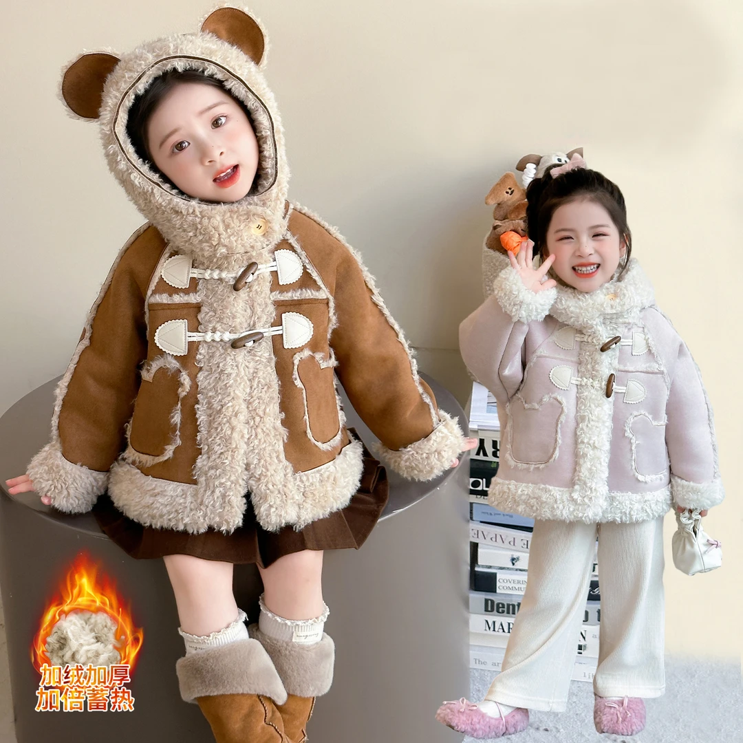 女童洋气皮毛一体连帽外套儿童秋冬装新款女宝宝加绒上衣小女孩潮