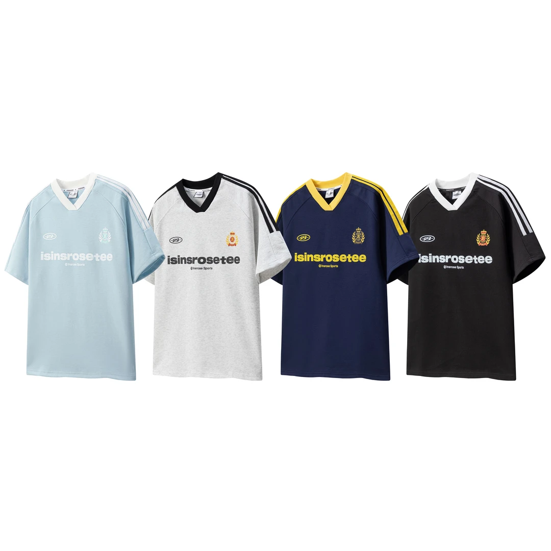 美式条纹撞色重磅曼巴冰感棉T恤印花宽松百搭男女情侣时尚V领短袖