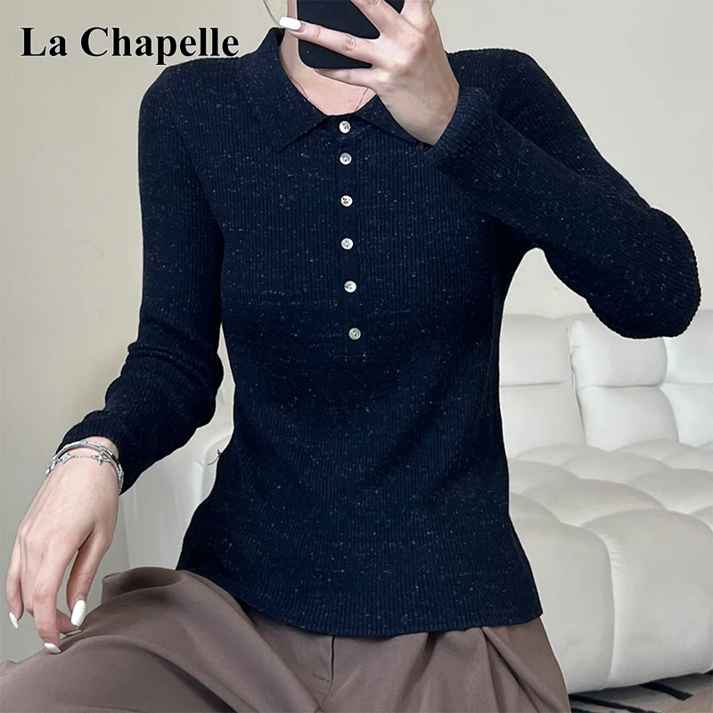 拉夏贝尔polo领长袖针织衫女秋冬2025新款打底衫气质修身显瘦毛衣