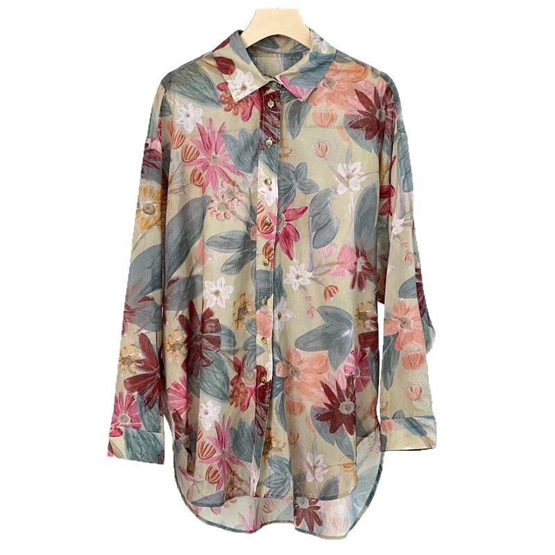 2025春款艺术油画风设计感印花纯棉衬衫女长袖复古防晒衬衣