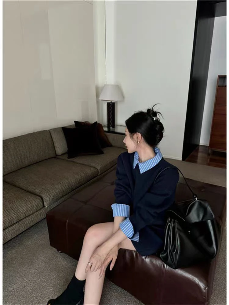 韩系拼接衬衫领针织两件套时尚高级显瘦假两件毛衣女高腰短裙套装