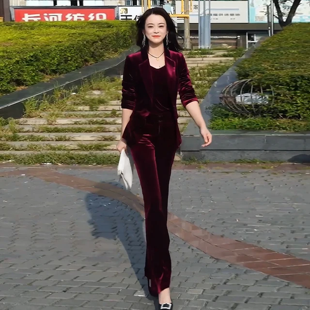 春秋新款金丝绒时尚修身套装百搭显瘦气质西服上衣高腰微弹微喇裤