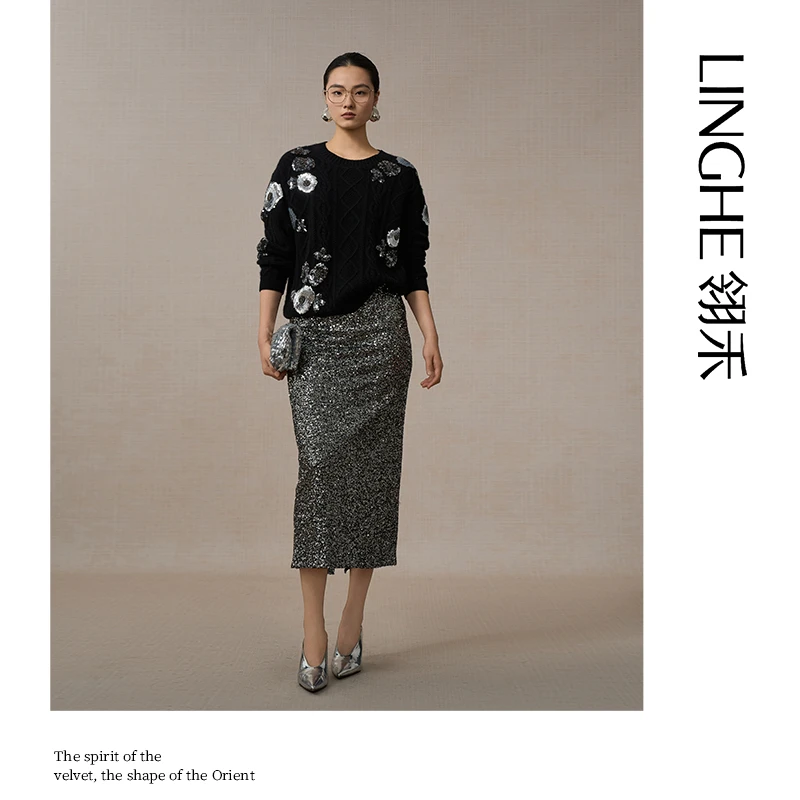 翎禾LINGHE「海棠未雨 」-女装针织纯羊绒重工钉珠绞
