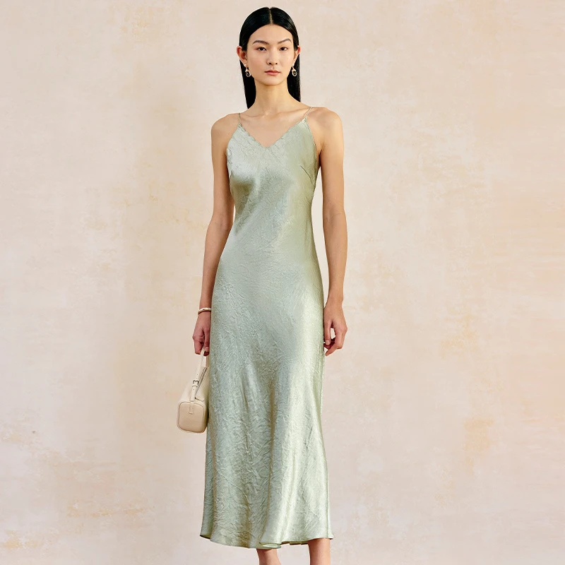 寺山文也 扶荷/醋酸新中式波浪骨锈修身V领吊带连衣裙女夏